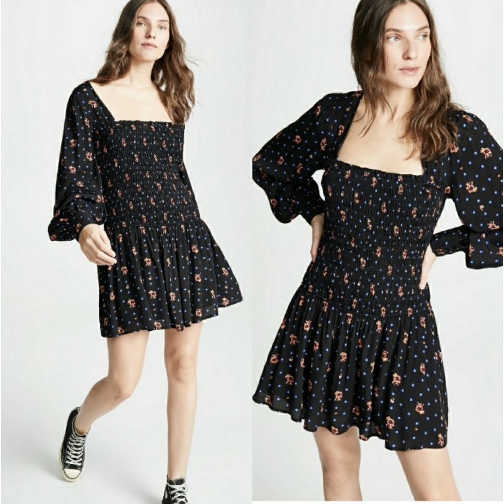 NWT Free People Two Faces Black Smocked Mini Dress with Floral Print